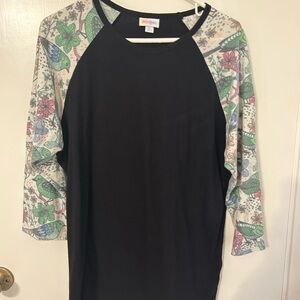 LuLaRoe Black Top with Floral/Bird Sleeves